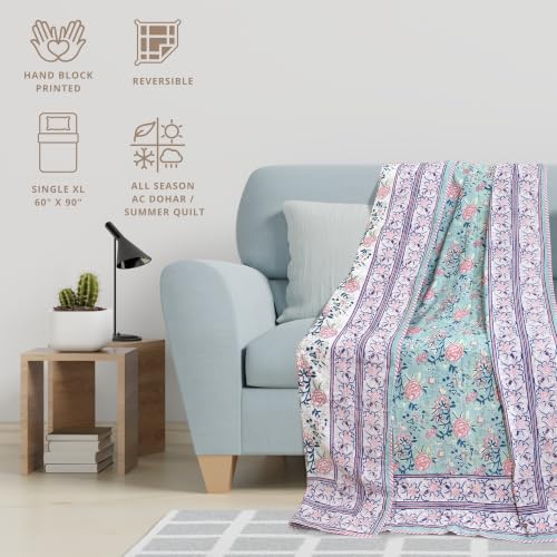 Image of TOAIArt Premium Jaipuri Dohar | AC Blanket Summer Quilt | Hand Block Printed | 3 Layers | Reversible | 150GSM 100% Mulmul Cotton | 100% Cotton Flannel Filling | Single 60 inch X 90 inch|Rose on Green