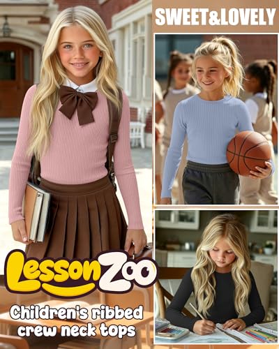 Image of 4 Pack Girls Long Sleeve Shirts Ribbed Knit Cotton Crewneck Tops Slim Fit Soft Casual Kids Base Layer Undershirts