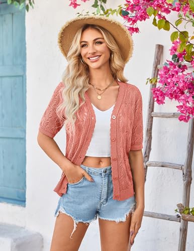 Image of Yekaty Womens 2026 Short Sleeve Crochet Summer Cardigan Cropped Button Sweater Lightweight Shrug for Dress