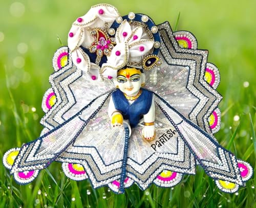 Image of Partish Laddu Gopal Heavy Dress for Janmashtmi with Mukut and Patka l Ladoo Gopal Dress l Bal Gopal l Kanha Ji Thakur Ji Heavy Dress (Size 5, White)