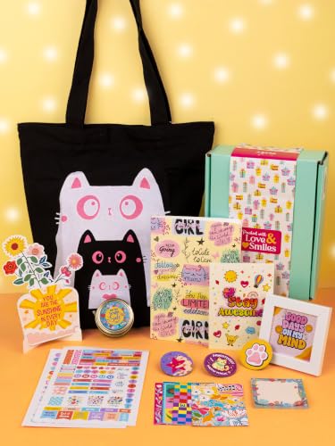 Image of Doodle Magic Moments Gift Hamper for Girls | 16 Cute Goodies with Notebook, Tote Bag, Floral Desk Stand, Stickers, Photo Frame, Scented Candle, Magnets, Key Ring, Pen, Thoughtful Card, Notecards & Chit Pad | Ready-to-Gift Birthday Hamper