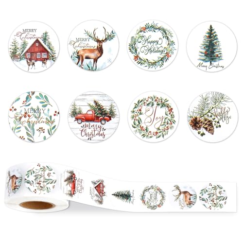 Christmas Stickers 500 PCS Merry Christmas Stickers Roll Round Self Adhesive Seals Label Sticker Decals for Xmas Holiday Seals Cards Gift Envelopes Crafts Present Box Decoration (8 Designs 1 Inch)