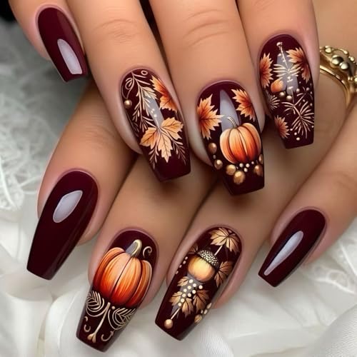 Fall Press on Nails Brown Coffin Nail Press ons Medium Length Maple...