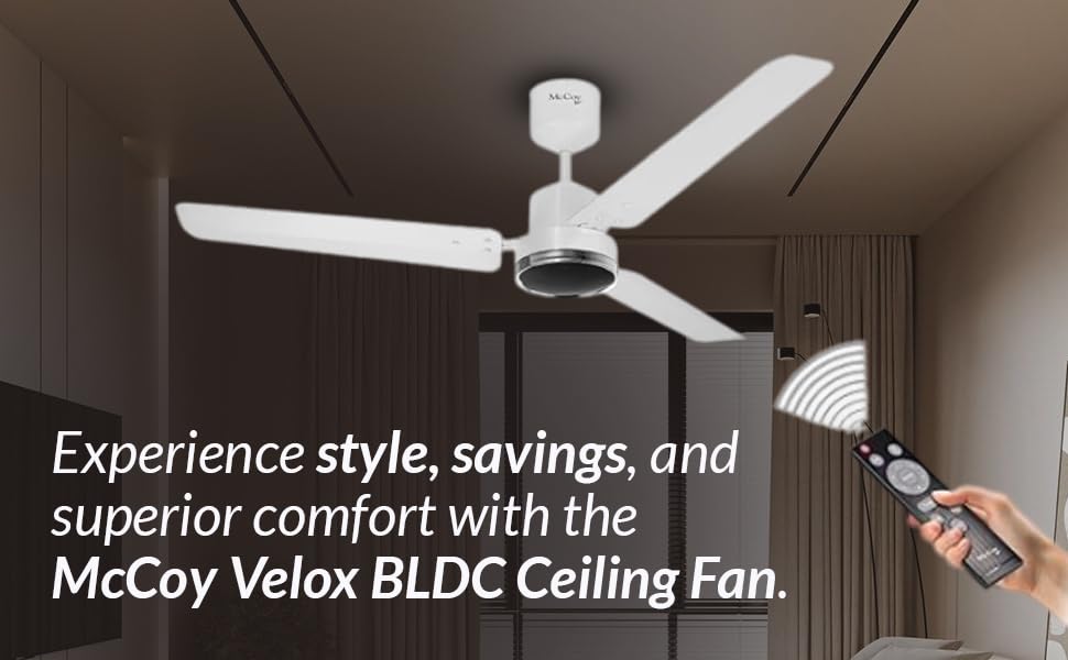 Image of McCoy Velox 1200mm BLDC Ceiling Fan with Remote Control | BEE 5 Star Rated Energy Efficient | 30W |3 Year Warranty| Pearl White