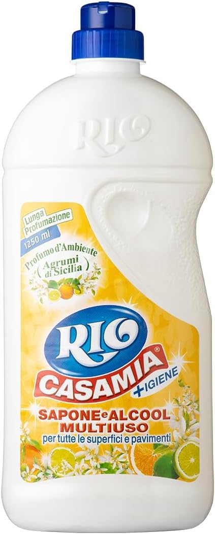 9x Rio Casa Mia - Igiene Sapone e Alcool Multiuso Agrumi di Sicilia - Detergente per Pavimenti e Superfici 1250ml + Portachiavi Beni Culinari in Omaggio