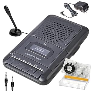 Portable Cassette Player Tape Recorder. Record to Cassettes via Mic or Aux in. Built-in Speaker to Listen to Cassettes. Includes External Mic, Aux in Cable and AC Adapter