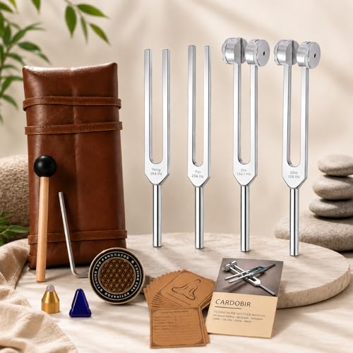 Tuning Forks for Sound Healing Set 128Hz 136.1Hz 256Hz & 384Hz Weighted & Unweighted Aluminum Alloy Tuning Forks with Activator & Travel Pouch for Meditation Yoga & Chakra Healing
