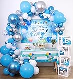 FIGEPO 112 Pack Blue Para Baby Shower Decorations for Boy Baby Birthday Party Included Boxes with Letters It’s A Boy Backdrop Elephant Baby Table Cloth and Balloon Garland