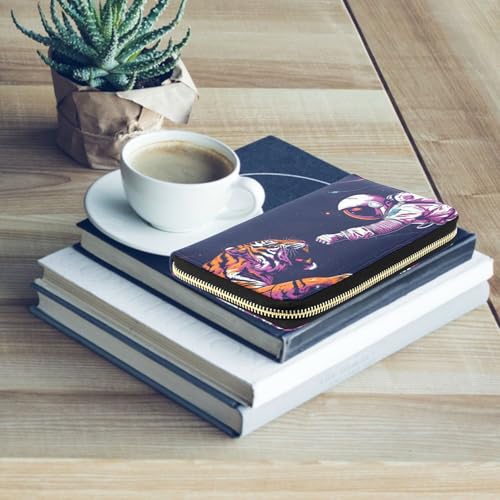 MNSRUU Womens Wallet Purses, Cosmonaut Fight with Alien Tiger Clutch Purses for Women RFID Blocking Credit Card Holder Wallet Leather Zipper Coin Purse3