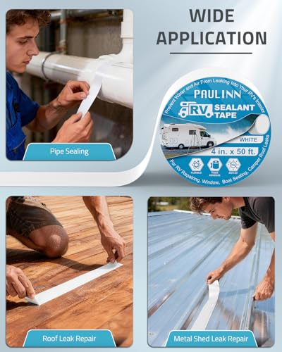 Image of PAULINN RV Camper Roofing Repair Sealant Tape White, 4 Inch X 50 Foot Natural Rubber Roof Sealing Tape, UV & Weatherproof Roof Seal Tape for RV Camper Trailer Boat Sealing Leak Repair