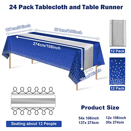 24Pack Disposable Plastic Tablecloths And Satin Table Runner Set Blue And Silver Dot Tablecloth Silver Satin Table Runner For Wedding Birthday Baby Shower Anniversary Christmas New Year Party Supplies #TOP1