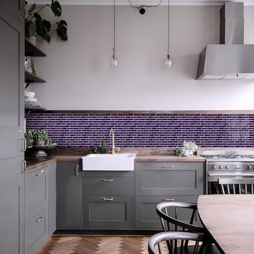 Baldosas Adhesivas Pared Púrpura Blanca Azulejos Adhesivos Cocina PVC Autoadhesivo Vinilos de Pared Decorativos Azulejos Adhesivos Baño Impermeable Azulejos Adhesivos Extraíble 15x30cm/2pcs