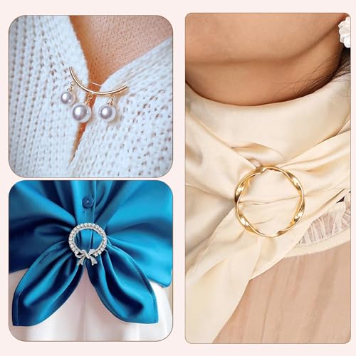 Image of 12-45PCS Scarf Ring Clip Pearl Brooch Pins - T-shirt Sweater Shawl Ties Clips Clothes Corner Knotted Button Fashion Metal Round Circle Shirt Clip Buckle Brooches for Women Girls Gift