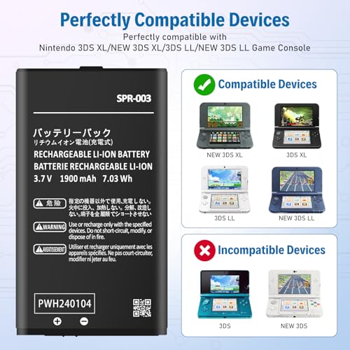 Image of 3DS XL Battery, 1900mAh Ultra High Capacity SPR-003 Li-ion Battery Replacement for Nintendo New 3DS XL / 3DS LL /New 3DS LL Game Console- 2026 Upgraded, Powerful, Long-Lasting