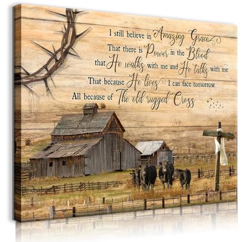 Vintage Farmhouse Wall Art Old Barn Wall Decor Cross Canvas Christian Inspirational Quotes Painting Pictures I Still Believe in Amazing Grace Poster Print for Living Room Bedroom (16x12in Canvas)