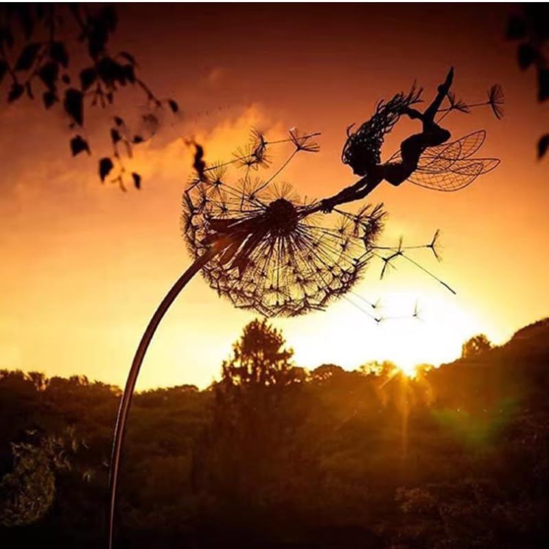 MCMGMALL 3D Fairies Dandelion Garden Art Sculpture - Dance Together Yard Decorations - Stainless Steel Fairy Ornaments - Black