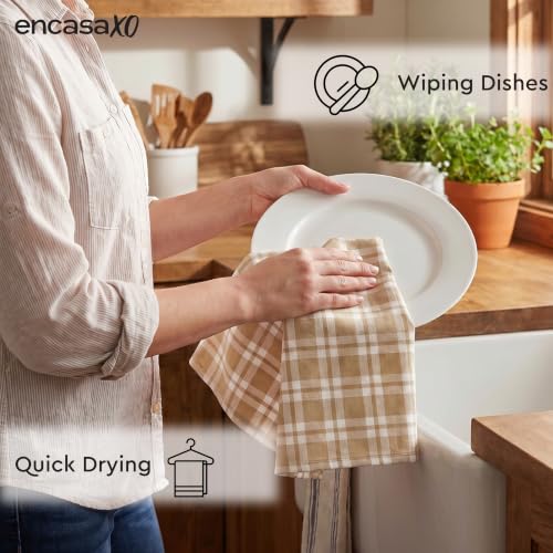 Image of Encasa XO Kitchen Towels Cotton Pack of 4 | 70x45 cm, Franca Beige Checks - Dish Cloths | Highly Absorbent Cleaning & Wiping Cloths for Kitchen | Reusable Tea Towels
