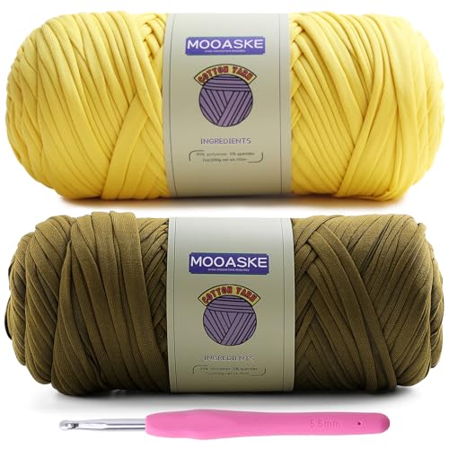 Image of Mooaske 2 Pack T-Shirt Crochet Yarn for DIY Knitting Crochet Cloth Blanket Bag Dolls - 400g Chunky Thick Yarn for Crocheting with Polyester-Spandex Blend Elastic Fabric (Yellow+Dark Green)