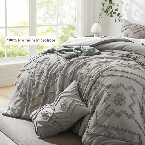 Image of Oli Anderson Boho Tufted Comforter Set Queen Size, 3 Pcs Soft Jacquard Bedding Set for All Seasons, Shabby Chic Farmhouse Bedding Set with Comforters for All Seasons (Grey, Queen)