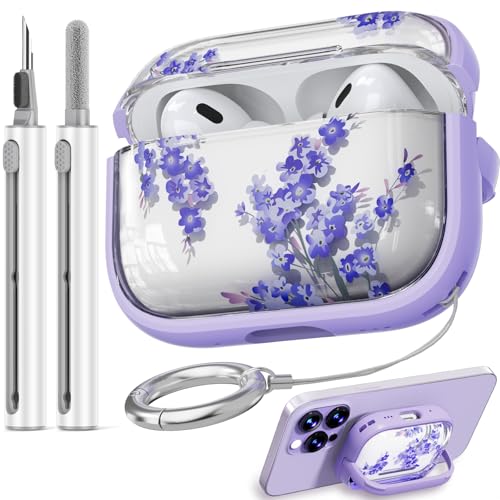 Image of Inesore for AirPods Pro 2nd /1st Case (2023-2019)-Purple Flower | with Safty Lock,Two-Piece Design,with Gold Keychain & Clean Pen,Support Wireless Charging,Cute Luxury Case for Women Girly