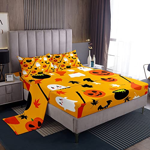 Feelyou Ghost Bed Sheets Set Cute Pumpkin Lantern Bats Sheet Set for Kids Boys Girls Children Halloween Themed Sheets with Deep Pocket Fitted Sheet Ultra Soft Autumn Yellow Decor Bedding Set
