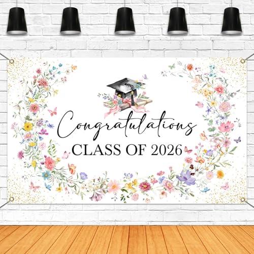 Mocsicka Wildflower Congratulations Class of 2026 Backdrop Graduation Banner Flower Garland Graduation Party Decorations 2026 Congrats Grad Photography Background (Floral, 70.8 x 43.3 Inch)