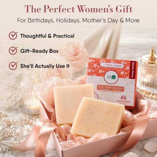Image of 360Feel Handmade Castile Soap - Cherry Almond Soap, 5 oz, 4-Pack | Soothing Scent, Rich Lather, Handmade with Essential Oils - Suitable Gift for Anniversaries, Weddings & Holiday Stockings