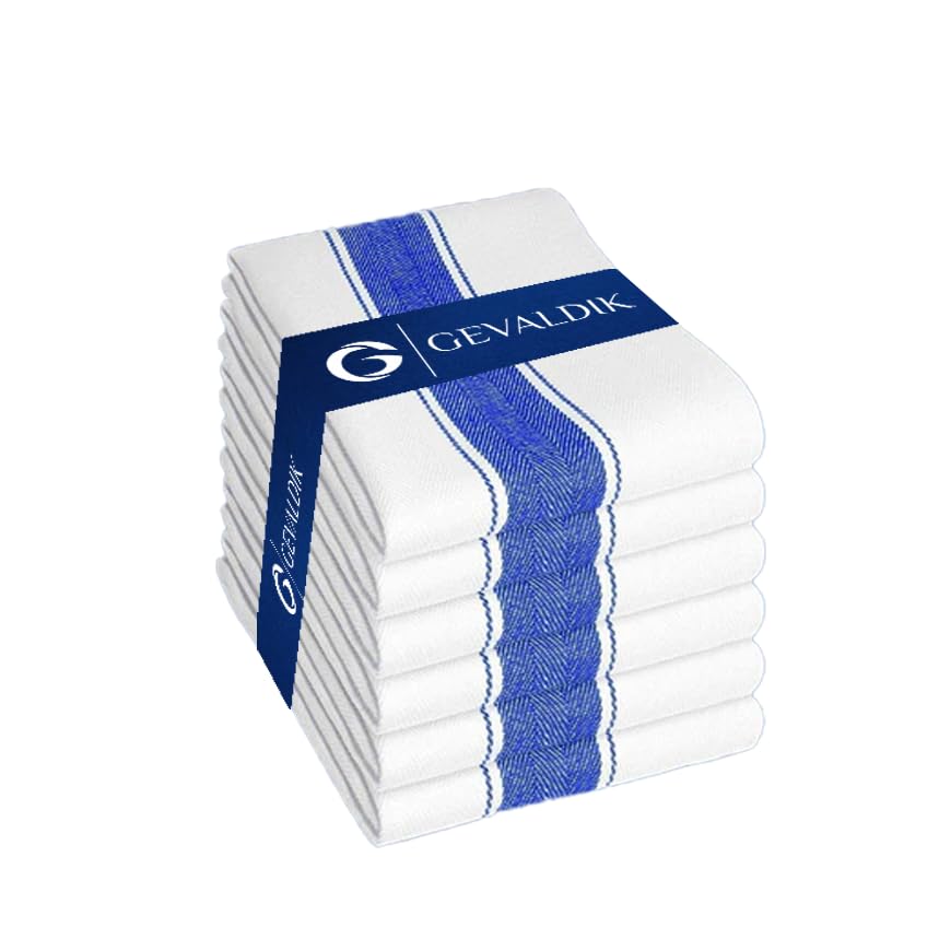 Gevaldik Blue Stripe - Juego de 6 paños de cocina 100% algodón para secar platos, limpiar encimeras y limpiar derrames, paños de vidrio y toallas de bar ecológicos y reutilizables