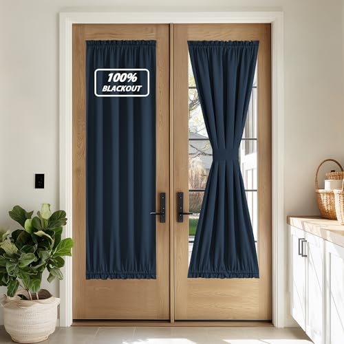 NICETOWN 100% Blackout Door Curtain Thermal Insulated Privacy Curtain for French Front Door with Adjustable Tieback, Room Darkening Window Covering fo