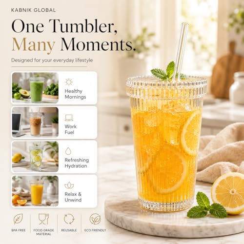 Image of Glass Tumblers with Wooden Lid and Glass Straw, 540ml, Borosilicate Glass, for Coffee, Iced Coffee, Juice and Smoothies, Coffee Mug, Sipper, Glass Tumbler (Transparent - Ribbed Glass)