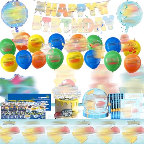 Décoration d'anniversaire dessin animé, 73 Article Décorations fête, Comprend bannière,Décoration gâteau, Ballons, Nappe, Serviette papier, Assiette, Carte d'invitation，Figurines suspendues