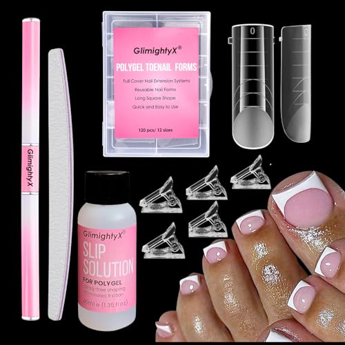 GlimightyX Polygel Nail Forms Kit for Toes - Reusable Toenails Dual Forms With 1.35oz Slip Solution Anti-Stick, Dual-Ended Brush, File and Clips - 12 Sizes 120Pcs