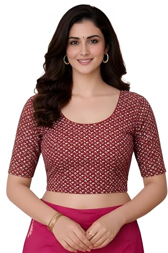 Image of Amazon Brand - Anarva Women's Kalamkari Print Cotton Stretchable Round Neck Readymade Saree Blouse