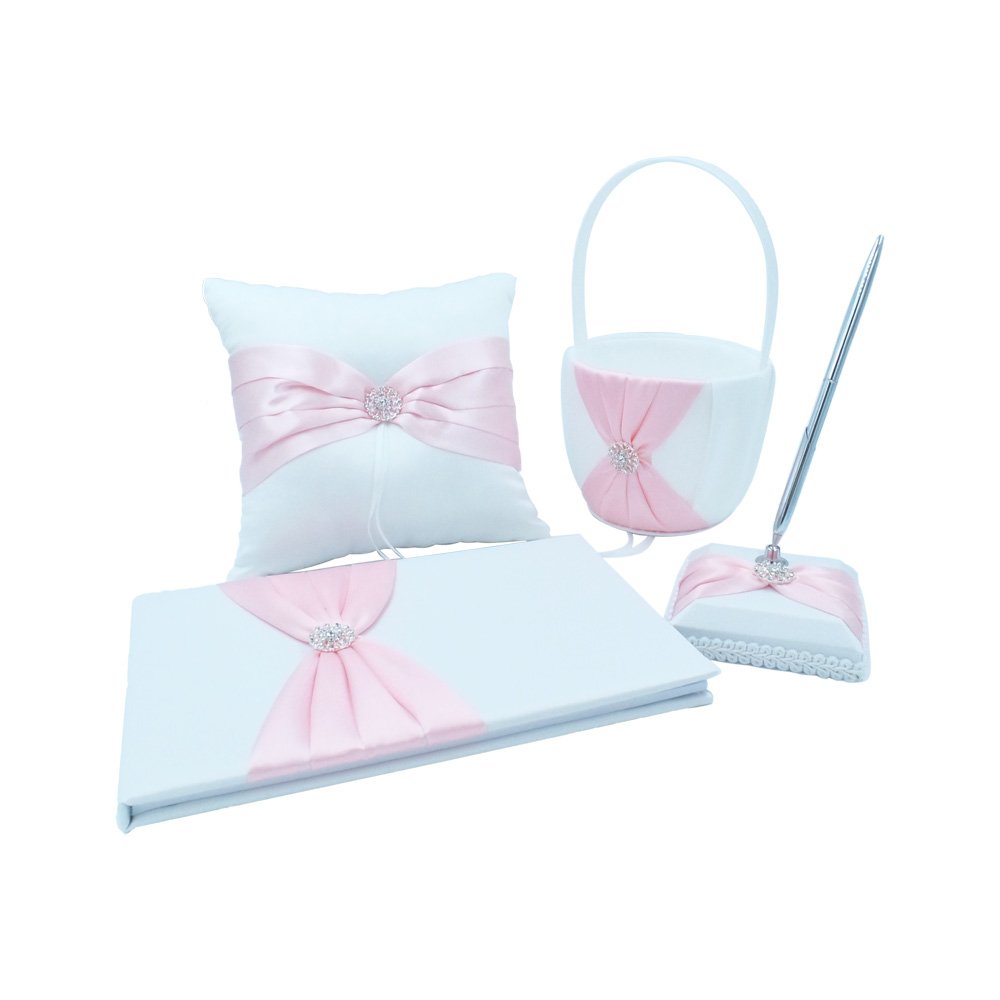 Abbie Home 4 in All Wedding Guest Book + Pen Set + Flower Basket + Ring Pillow Rhinestone Party Favor-Pink