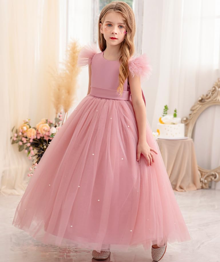 V-Back Satin Flower Girl Dress Kids Puffy Tulle Formal Dresses d Princess Pageant Dress Embellished with Pearls4