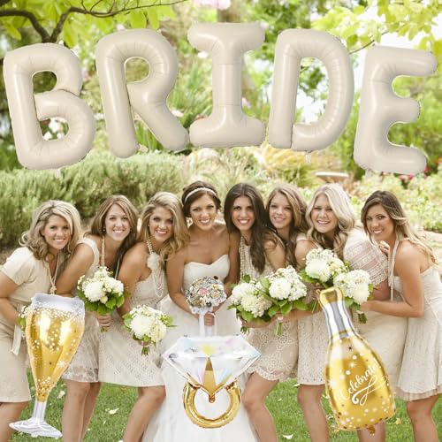 Image of 40inch Bride Balloons Beige Letters Banner, Sand White Bachelorette Party Decorations Set with Diamond Ring Champagne Bottle Balloon Glass Foil Balloon for Nude White Bachelorette Engagement Wedding
