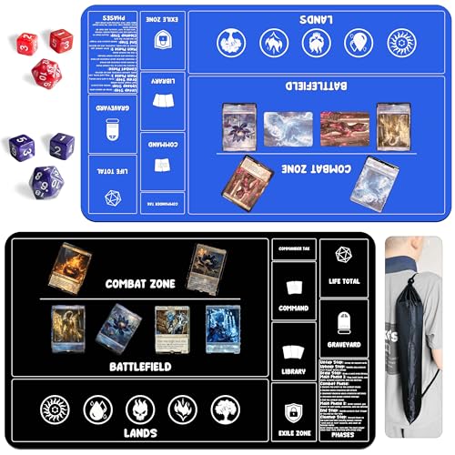Card Game Playmats MTG Playmat for Beginner 2 Pack with Dices, Magic Mat Commander Deck Card Playmat for TCG MTG Accessories Play Mat 24x14 Inches Duel Card Battles, Black/Blue