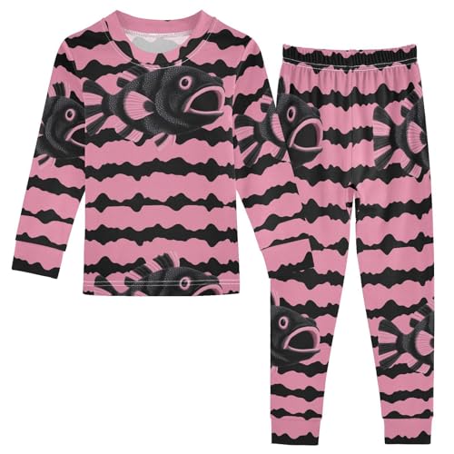 Pajama Sets Long Sleeve Black and Pink Fish Pattern Soft Comfy Sleepwear 2 Piece PJS 3-8T