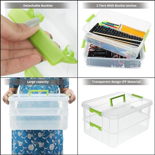 Image of plastic boxes for Storage transparent boxes for storage, Portable & Stackable Space Saving Organiser with Lid for Medicine, Jewelry, Arts & Crafts, Buttons, Beads (Green, 3 TIER)