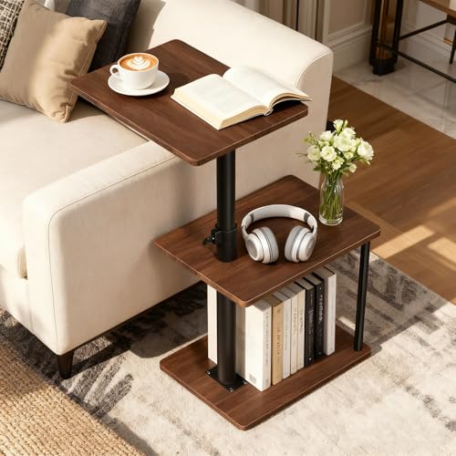 Image of Faesun Swivel Side Table for Couch Arm, Height Adjustable C Shaped End Table for Recliner or Bed, Tv Trays with Storage Shelf for Small Spaces- Small Nightstand for Living Room, Bedroom