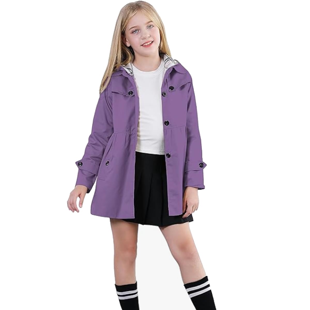 Giacca Trench Elegante da Bambina Ragazza Cappotto a Vento Manica Lunga con Cappuccio Staccabile
