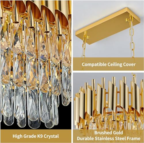 Image of Luxurious 800X300mm Gold Modern Chandelier with K9 Crystals | Warm White, Moonlight & Golden Light | Ceiling Hanging Light for Living Room, Dining Room, Bedroom, Hallway