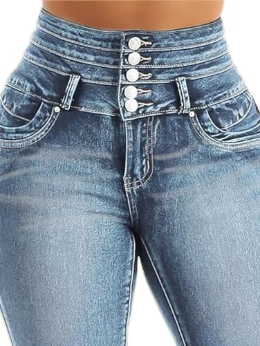 Flamingals Blue Skinny Jeans for Women Stretchy Mid Waist Butt Lifting Trendy Denim Capris4