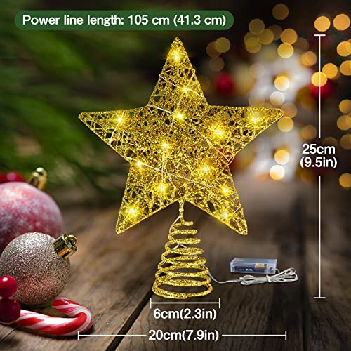 WHOLEV Topo de árvore de Natal dourado, 20 luzes de LED, enfeite de ouro, estrela de metal brilhante