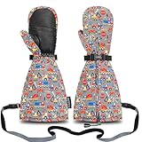 Andake キッズスキーミトン手袋 ロングカフ付き 防水 冬 暖かいスノーグローブ 幼児 赤ちゃん 女の子 男の子 (おもちゃの乗り物、1~2歳)