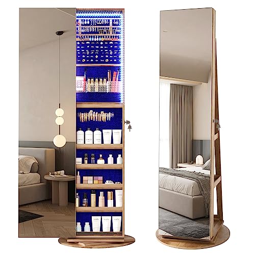 LVSOMT 360° Swivel Jewelry Mirror with Lights, Standing Jewelry