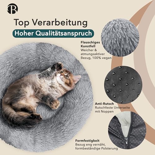 bluzelle Hundebett für Mittelgroße Hunde, 70cm Hundekissen Rund Donut Kissen Hundekorb Flauschig Plüsch, Ergonomisch Bezug Waschbar rutschfest Weich Kunstfell, Farbe:Hellgrau