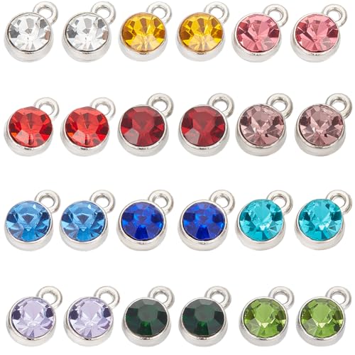 SUNNYCLUE 1 Box 12 Colors 72Pcs Birthstone Charms Bulk Round Crystal Charm Flat Round Glass Charm Alloy Rings Beads Charme for jewellery Making Charme Earrings Bracelets Necklaces DIY Crafting