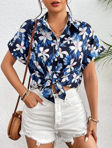 Zeagoo Women's Hawaiian Button Down Shirts Casual Short Sleeve Floral Tropical Print Summer Blouse Tunic Top3