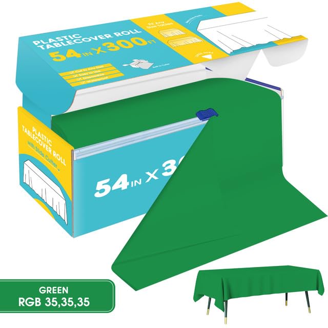 Image of Niuara Green Plastic Table Cover Roll - 54IN x 300FT, Table Cloth for Rectangle Table with Slide Cutter, Plastic Table Cloth Disposable with Cut-to-Size Design for Weddings, Banquets, Parties